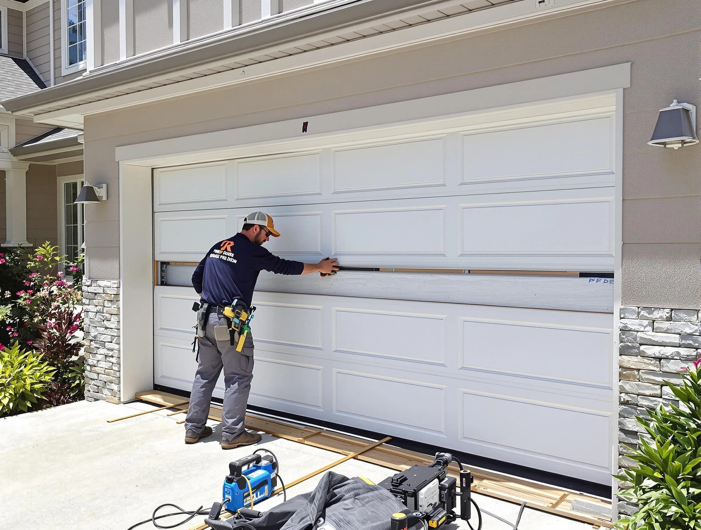 Hingham Garage Door Repair team performing complete garage door replacement at Hingham residence