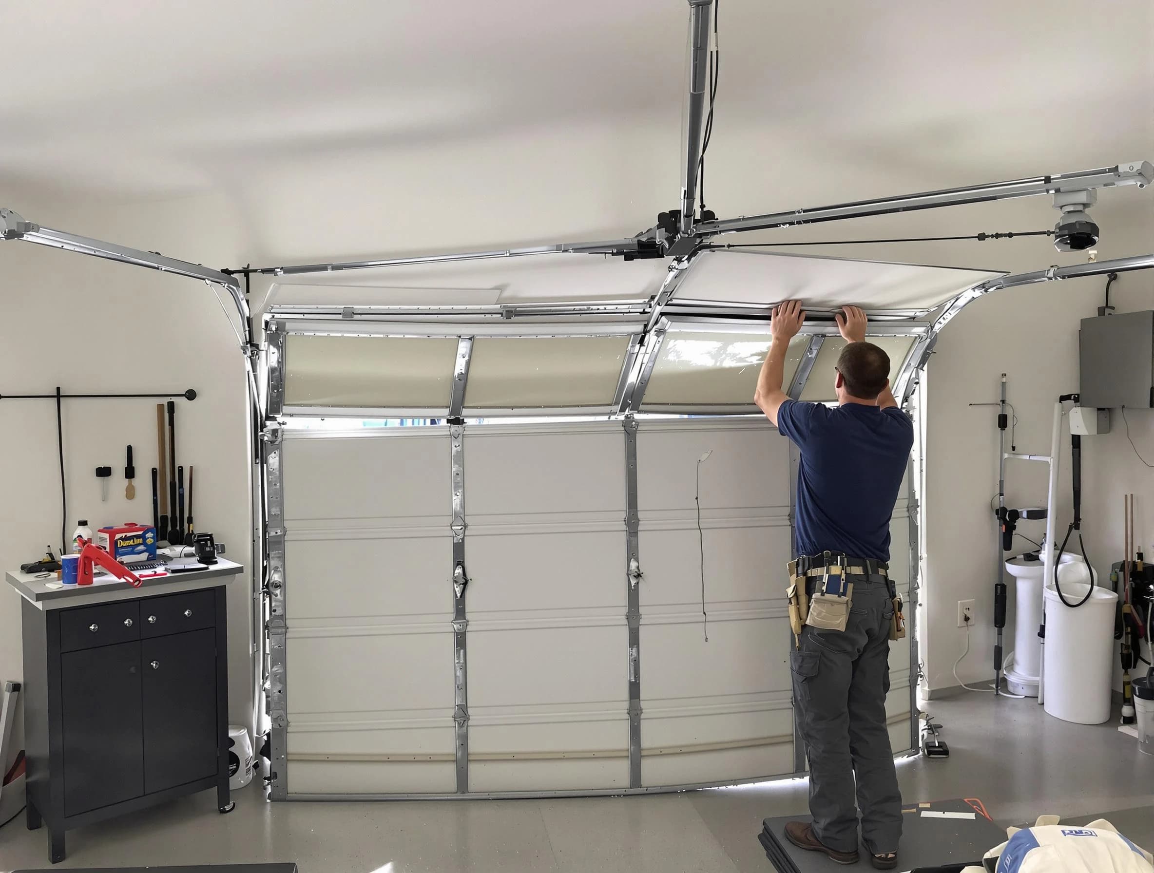 Hingham Garage Door Repair specialist performing precise section replacement on Hingham garage door