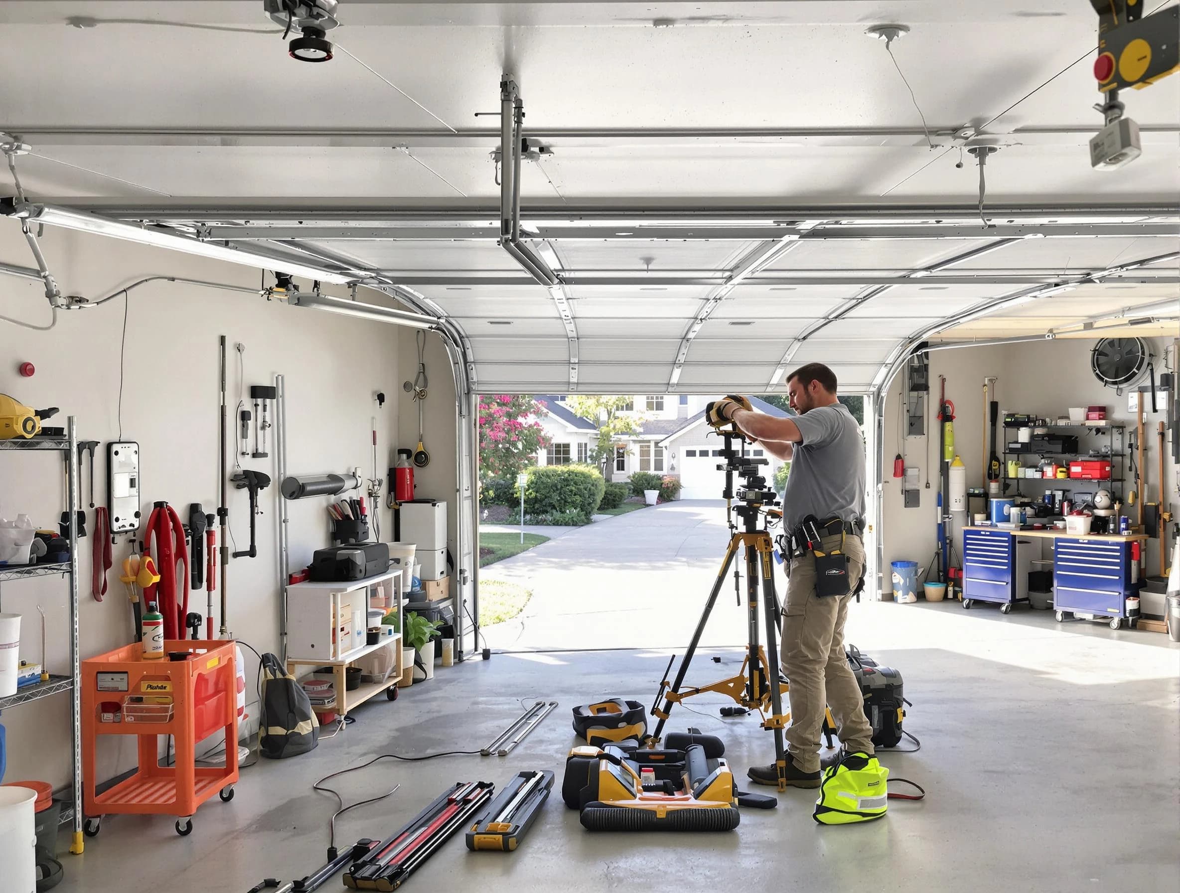 Hingham Garage Door Repair specialist performing laser-guided track alignment in Hingham