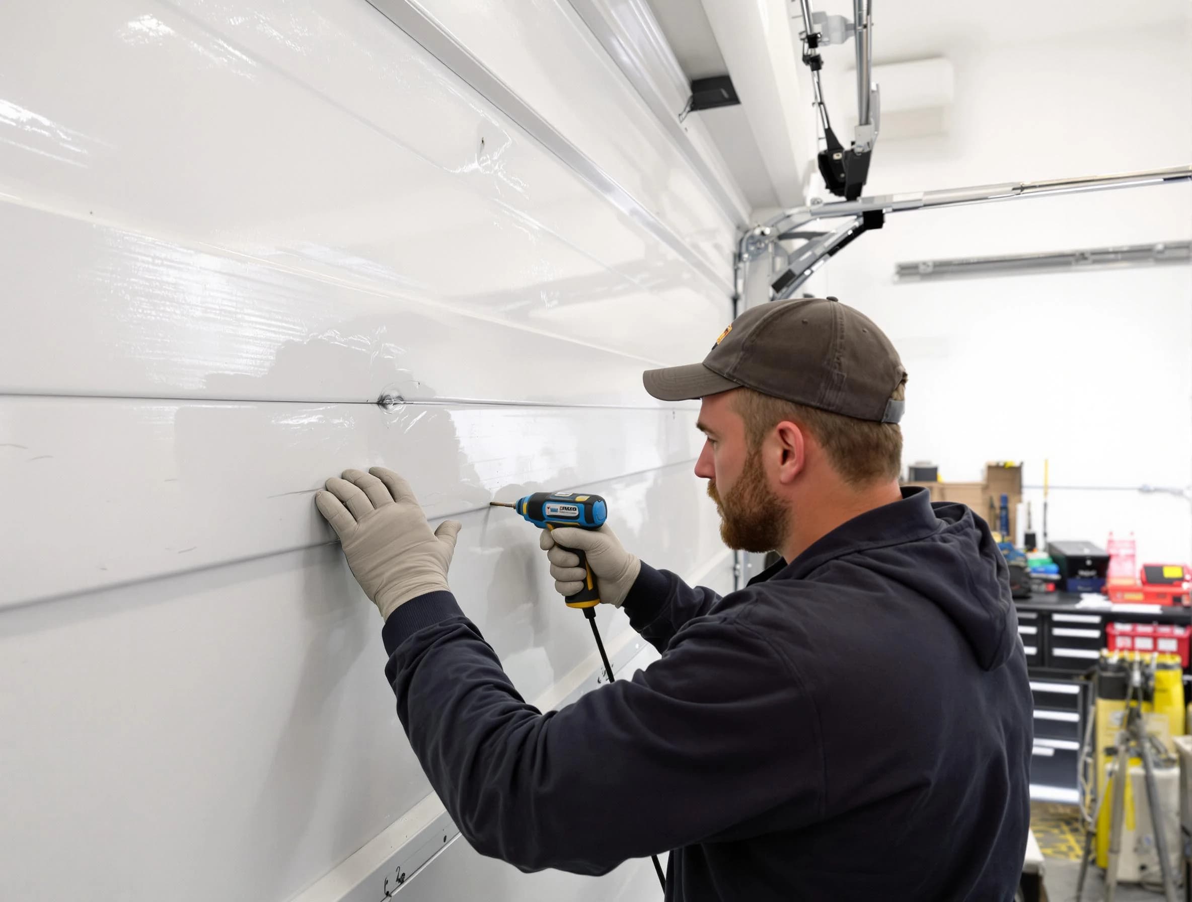 Hingham Garage Door Repair technician demonstrating precision dent removal techniques on a Hingham garage door