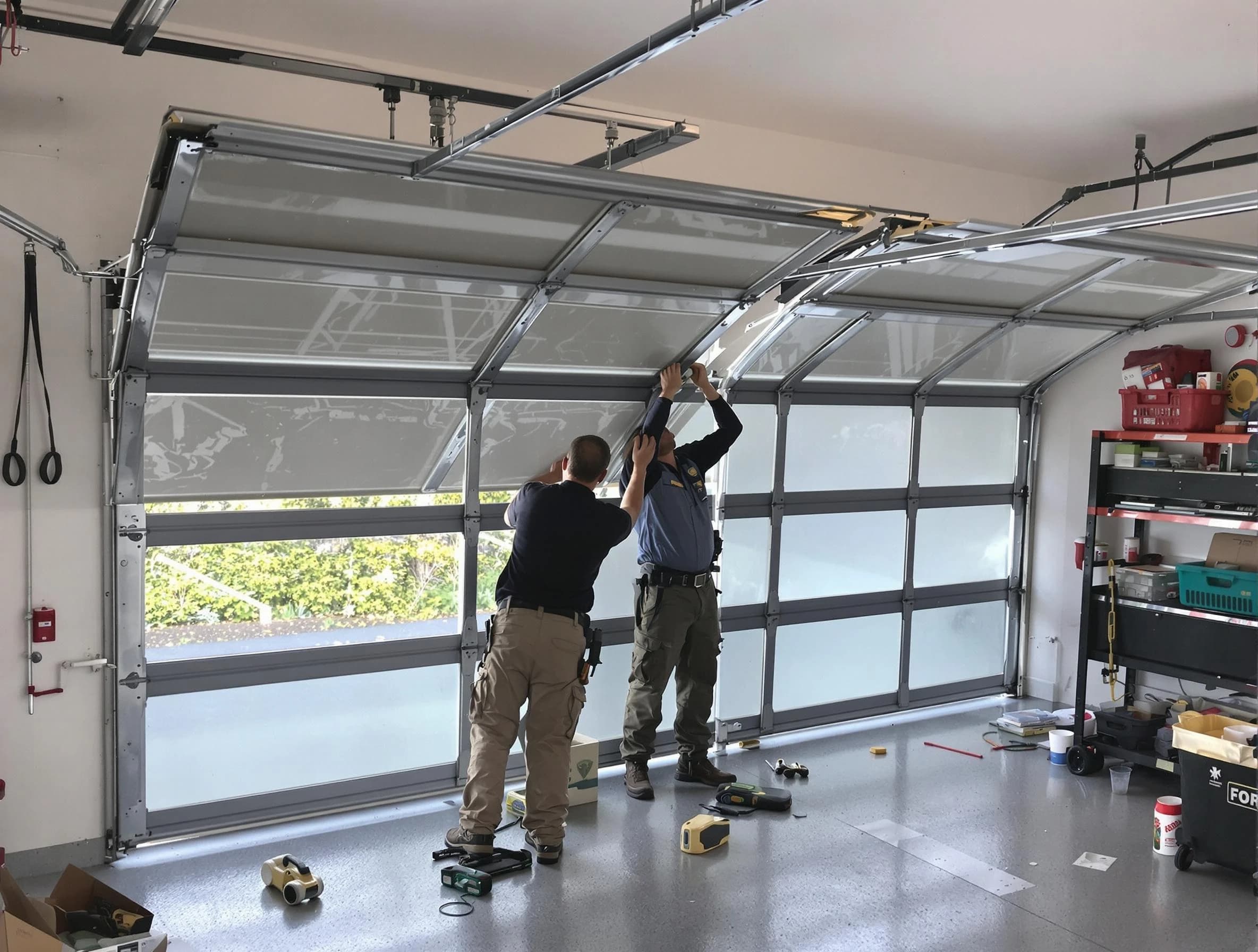 Hingham Garage Door Repair expert performing precise panel replacement on Hingham garage door