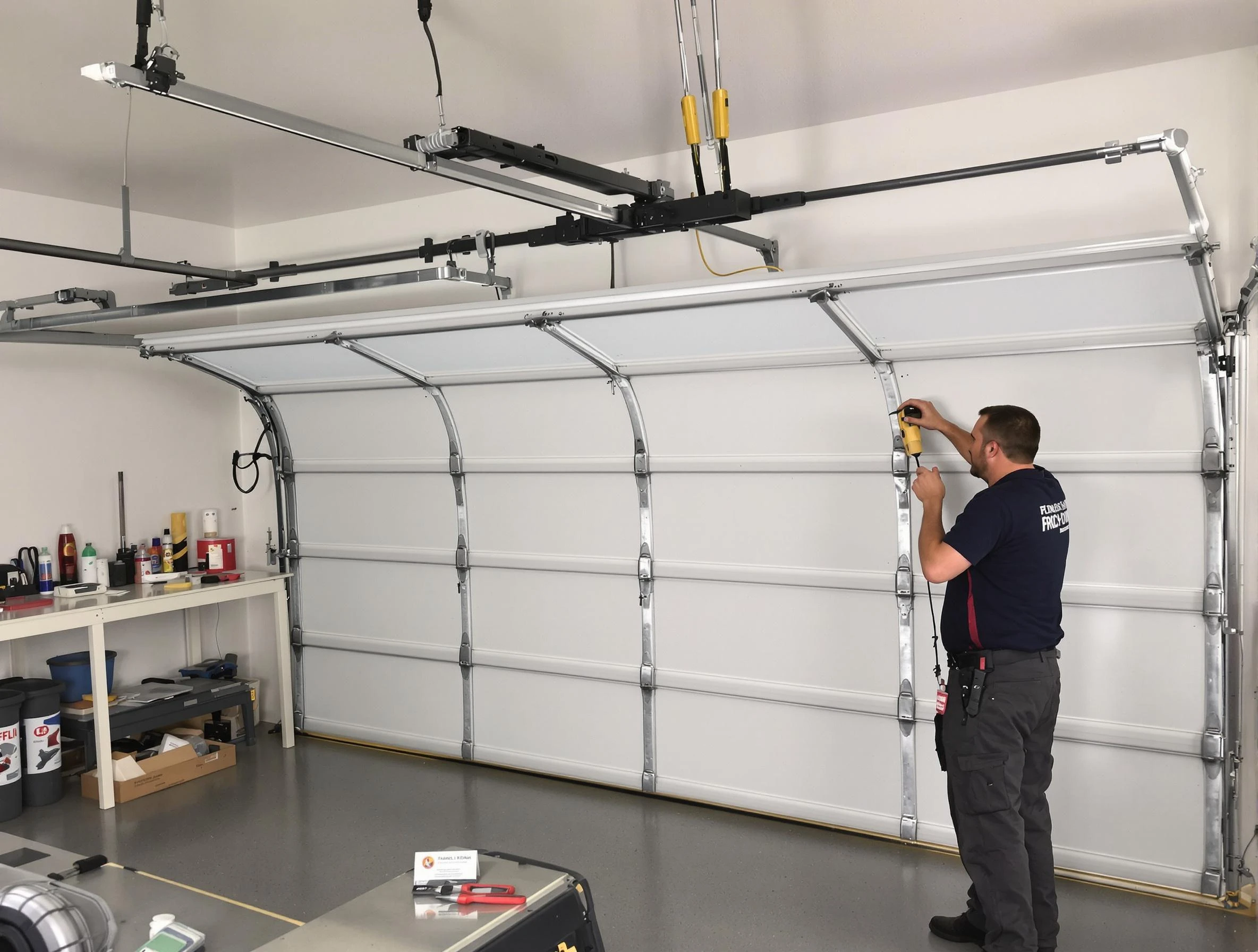 Hingham Garage Door Repair certified technician performing overhead door system repair in Hingham