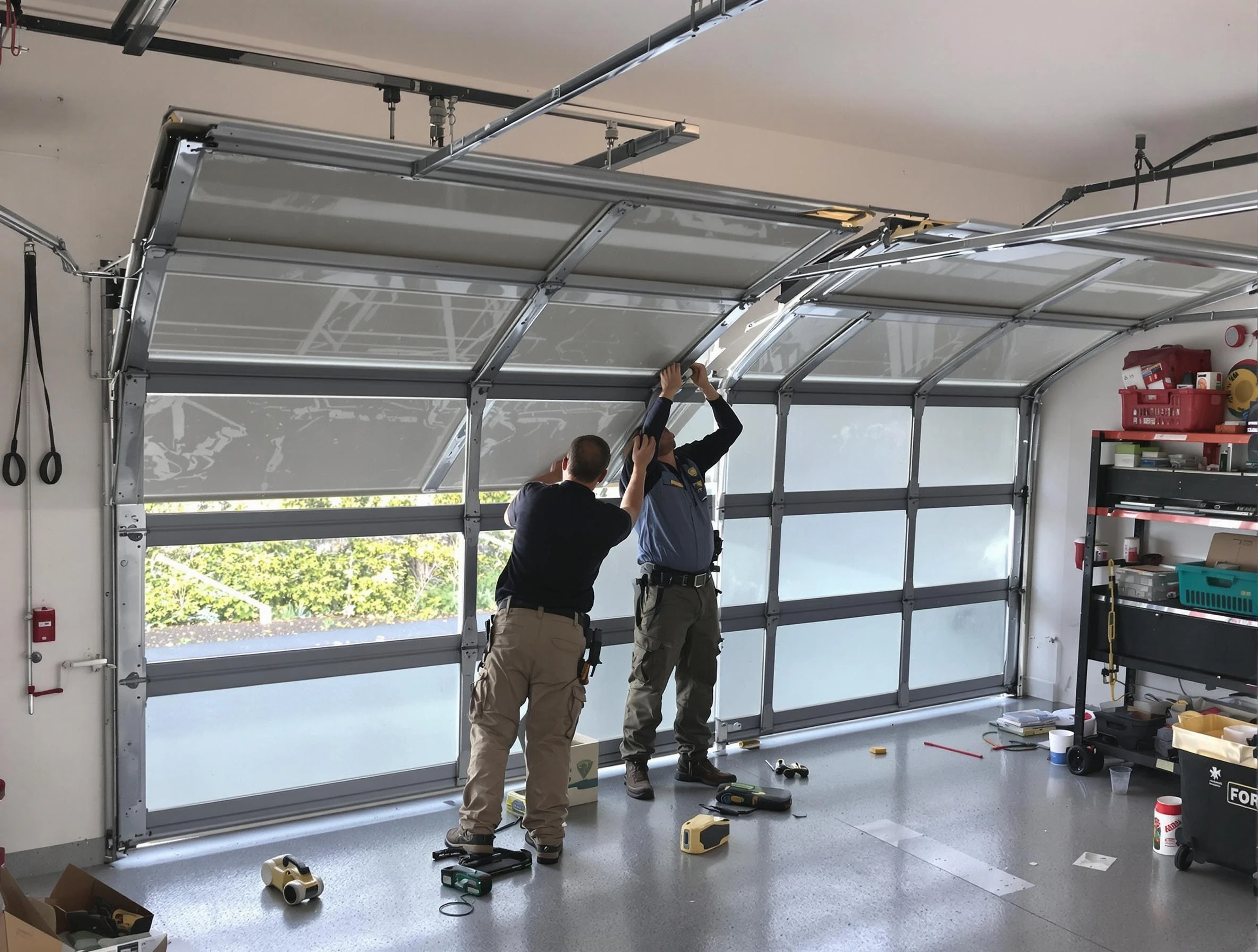 Hingham Garage Door Repair expert performing precise panel replacement on Hingham garage door