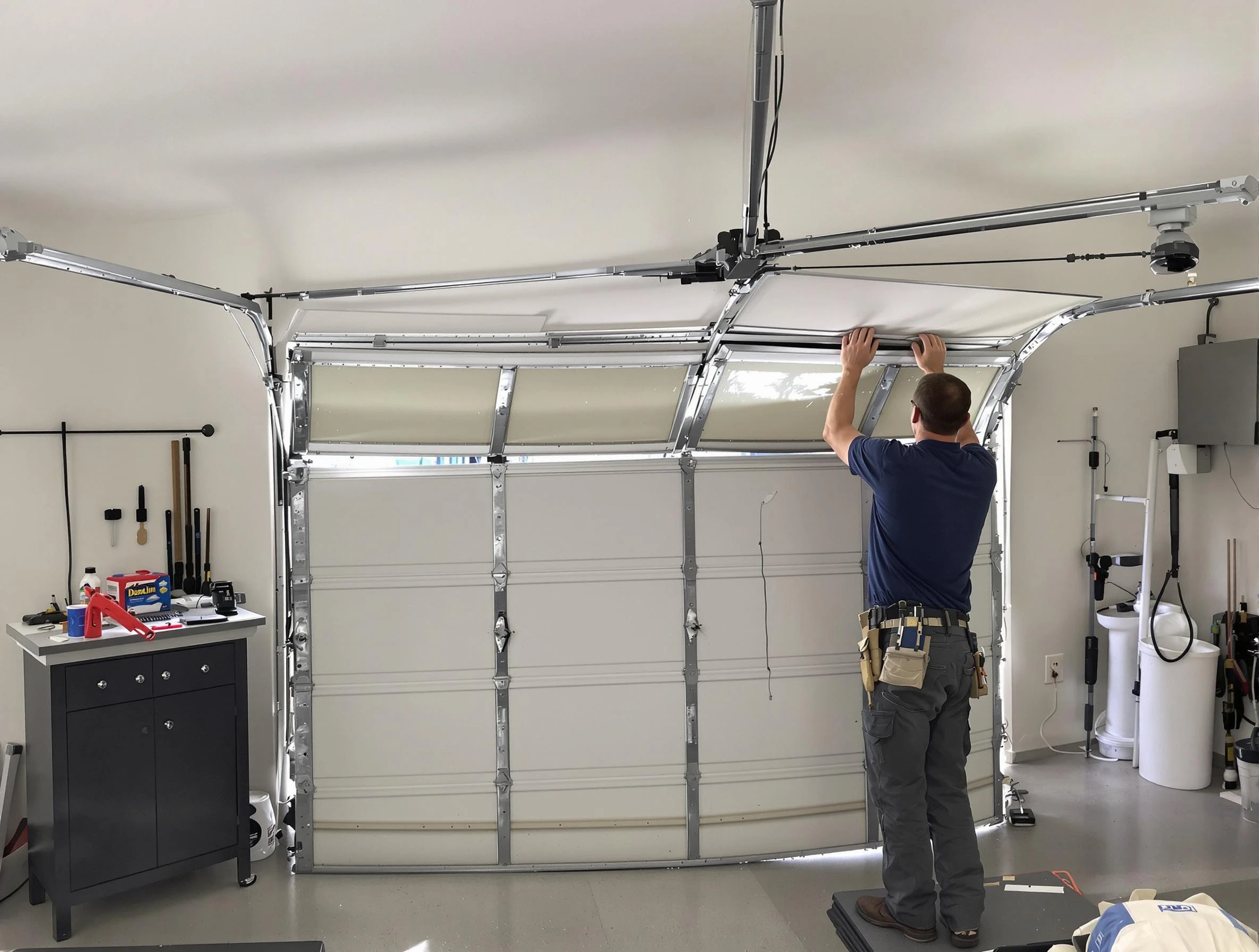 Hingham Garage Door Repair specialist performing precise section replacement on Hingham garage door